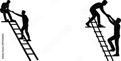 People helping each other climbing ladder, teamwork and support concept, cooperation and success motivation vector illustration isolated black silhouette design