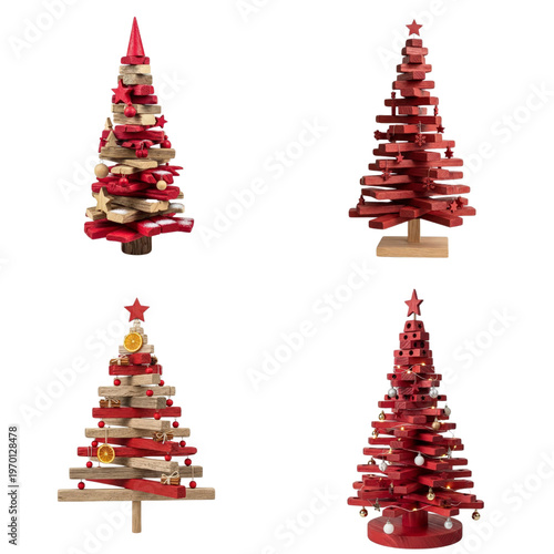Four wooden Christmas trees with red and natural wood