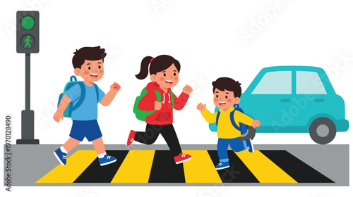 Children crossing road on crosswalk with traffic light and blue car.