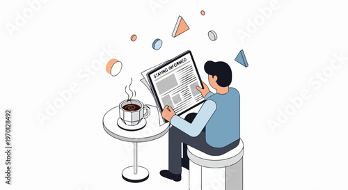 Man Reading Newspaper and Drinking Coffee Illustration - Concept of Staying Informed and Daily Morning News Routine
