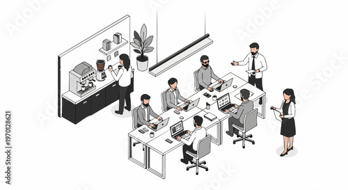 Isometric Line Art Illustration of a Modern Coworking Space with People Working on Laptops and Office Coffee Station