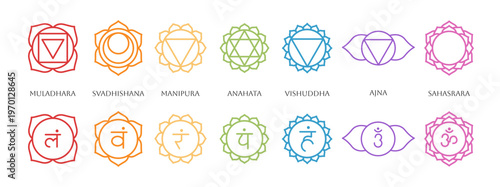 Set of Chakra system yoga colorful sign symbol. Vector illustration