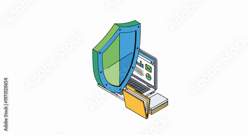 Isometric Cyber Security and Data Protection Concept Illustration with Laptop, Shield, and Document Folder on White Background