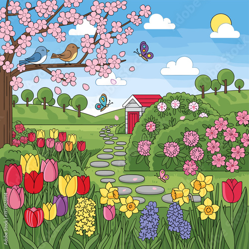 A beautiful and colorful spring garden scene with blooming flowers, birds, butterflies, a path, and a shed under a sunny sky.