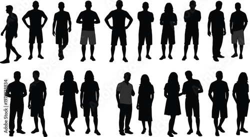 People silhouettes collection men women different poses standing walking casual outfit human figures group diversity set illustration concept