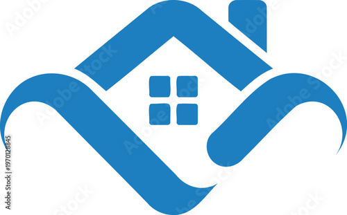 Blue house with roof and chimney icon with wavy lines  home and protection concept