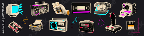 Retro technology halftone cutout set. Collection of sticker usable for mix media collages and pop art scrapbook