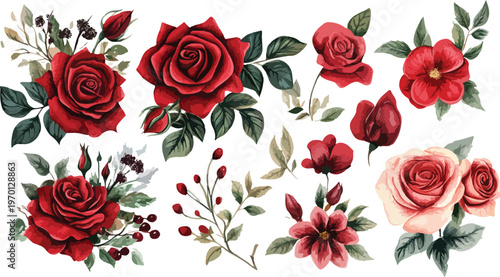 Seamless vector pattern featuring a beautiful floral bouquet of red and pink roses with green leaves for a romantic nature inspired wallpaper decoration