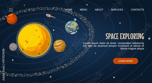 Space Exploring landing webpage template with solar system and space objects. Vector illustration