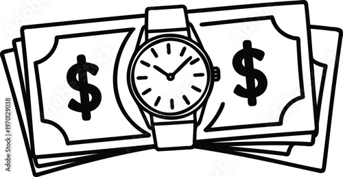 Line drawing of a wristwatch on top of dollar bills  money and time concept