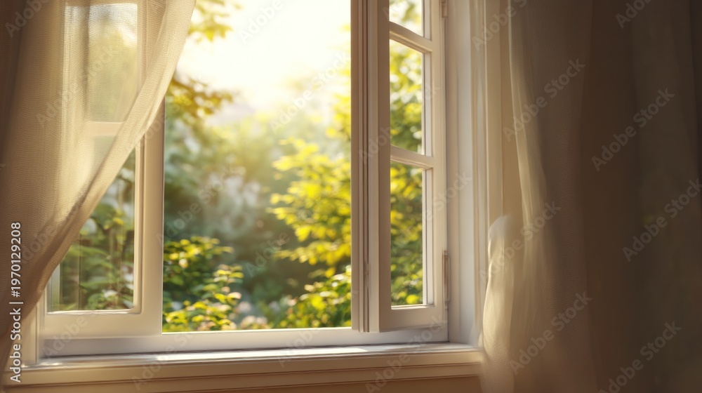 Obraz premium Soft sunlight enters the room through an open window. A light curtain sways gently in the breeze while a bright green park waits outside, creating a warm setting