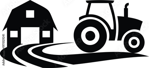Tractor and barn on a farm with a road leading to the building  rural landscape scene