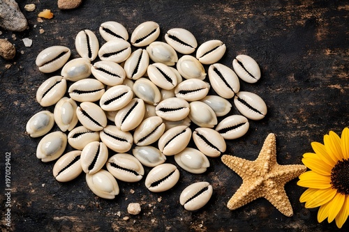 Top-down view of a collection of white cowrie shells, a starfish, and a yellow flower on a rustic dark wooden surface.