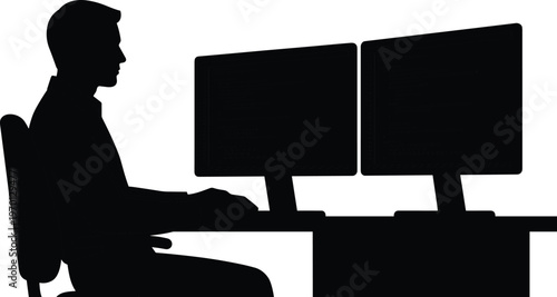 Programmer coding on dual monitors silhouette, software developer working at computer desk, technology workspace concept vector illustration isolated design