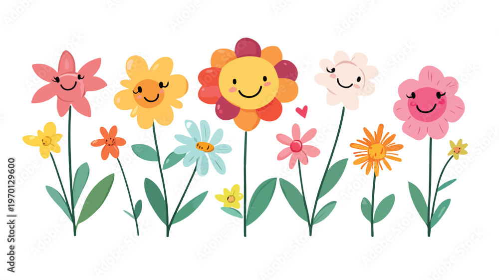 Obraz premium A cute cartoon vector illustration of an Easter bunny with spring flowers, birds, and colorful eggs in a floral nature garden with butterflies and pink blossoms