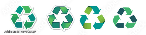 illustration template sticker featuring a recycling symbol with a modern flat design style, incorporating a bold color scheme with shades of green and blue to emphasize eco-friendliness