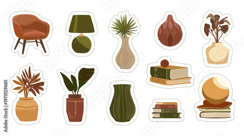 Vector template A sticker sheet design containing a collection of miniature interior design icons inspired by 2026 global trends. Included are a small curved armchair