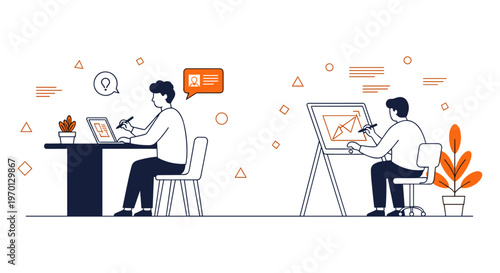 Two businessmen working on laptop and whiteboard in minimalist office with orange accents in modern flat design for business presentation