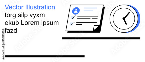 Task management, productivity, time tracking, deadline organization, user accounts, workflow optimization. User profile checklist and clock symbol. Productivity and time tracking concept