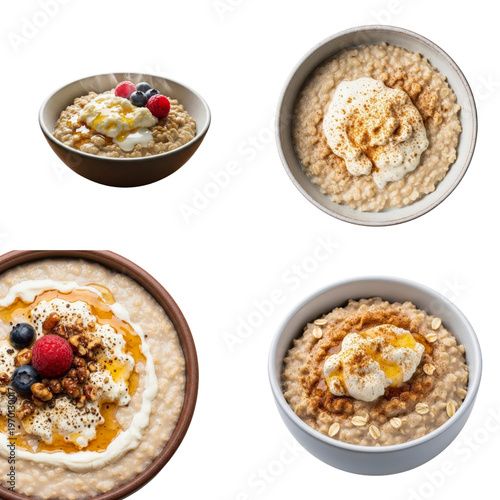 Four bowls of oatmeal with toppings