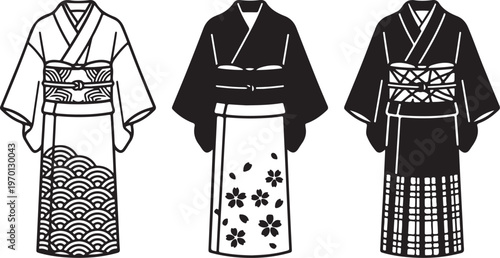 Collection of three traditional japanese kimonos with different patterns, including waves, flowers, and plaid