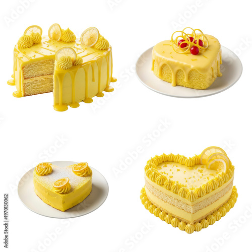 Four lemon cakes on white background
