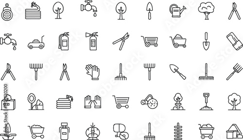 Gardening tools and equipment line icons set, agriculture elements collection, farm tools vector illustration, outline design for gardening and landscaping projects