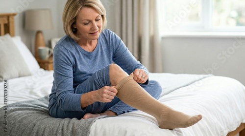 Elderly woman putting on compression stockings while sitting on bed  