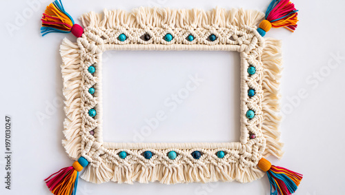 Handmade macrame photo frame with colorful accents and tassels