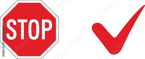 Stop sign and check mark symbols red icons approval warning traffic sign validation correct concept illustration design