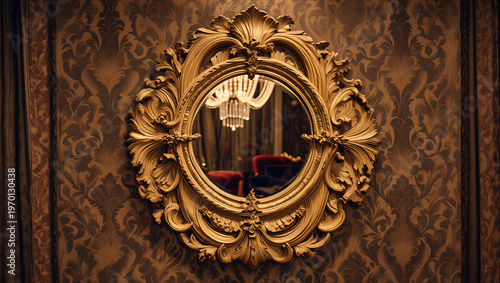 Ornate gold mirror reflecting a chandelier in a luxurious interior