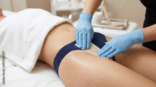 Woman receiving waxing treatment on bikini line in beauty salon  