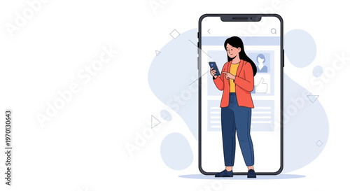 Woman Using Smartphone Inside a Giant Mobile Phone Screen, Digital Communication Concept
