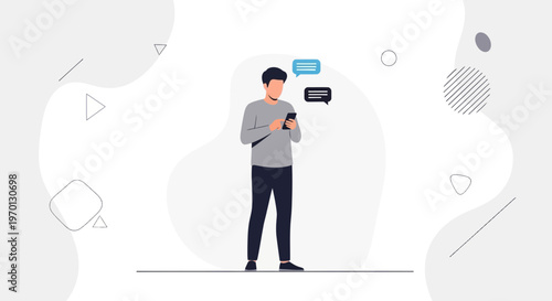 Man Texting on Smartphone with Chat Bubbles, Modern Flat Illustration