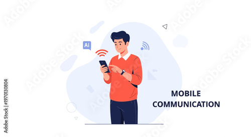 Man using smartphone with AI and Wi-Fi signals, mobile communication concept