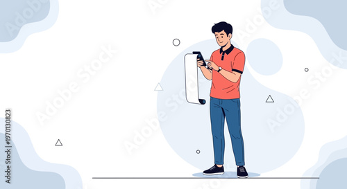 Man Holding Long Receipt or List on Smartphone, Online Shopping or Budgeting Concept