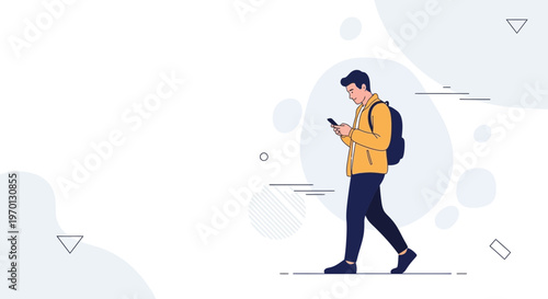 Young man walking with backpack and phone, modern flat illustration
