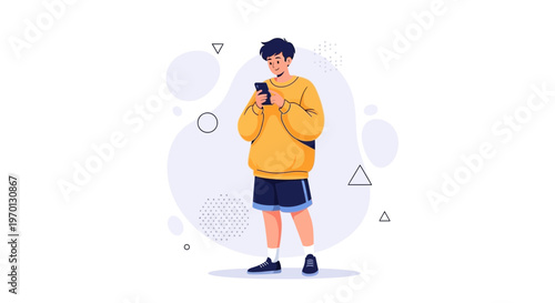 Young Man in Yellow Hoodie and Shorts Using Smartphone, Modern Flat Illustration