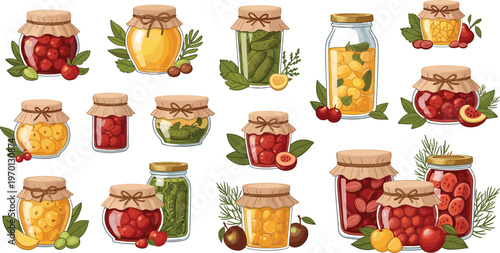 Homemade jam jars collection with fruit preserves and herbal infusions, hand drawn vintage style food vector set isolated on white background