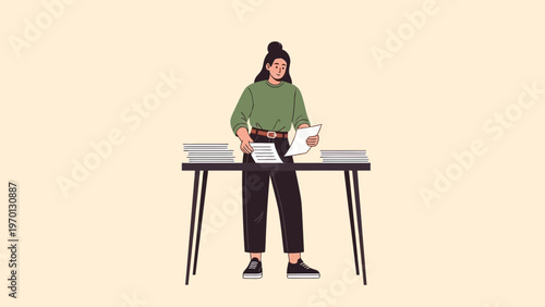Woman organizing papers on a desk with stacks of books, modern flat illustration