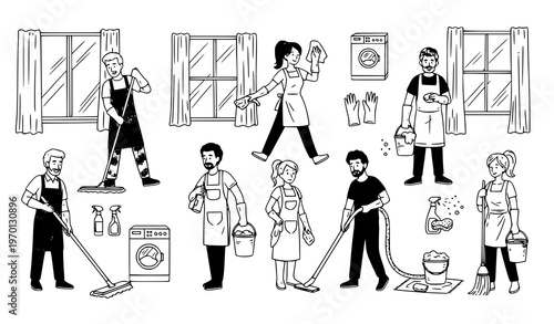 Doodle Cleaning Service Workers Set with Men and Women Janitors Washing Mopping and Housekeeping Tools Vector Illustration