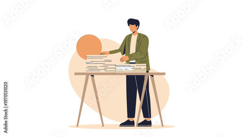 Man Organizing Stack of Papers on Desk, Business Workflow Concept