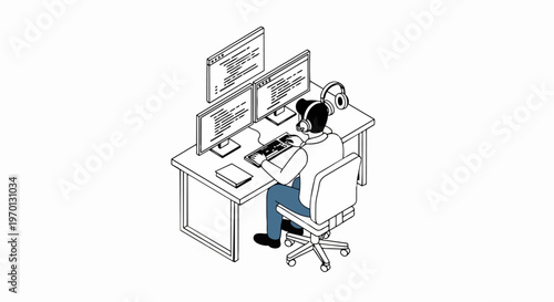 Software Engineer Working on Code with Multiple Monitors Isometric Vector Illustration for Technology, Programming, and Web Development Projects