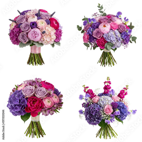 Four floral bouquets in purple and pink tones