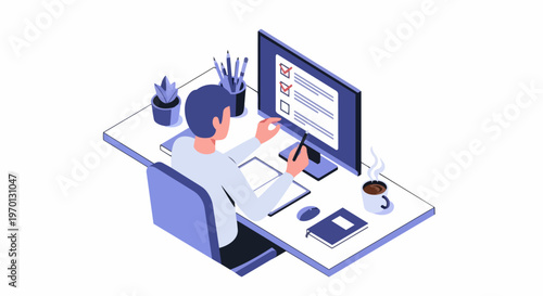 Isometric Illustration of a Professional Man Working at an Organized Desk Completing an Online Checklist or Digital Survey on a Monitor