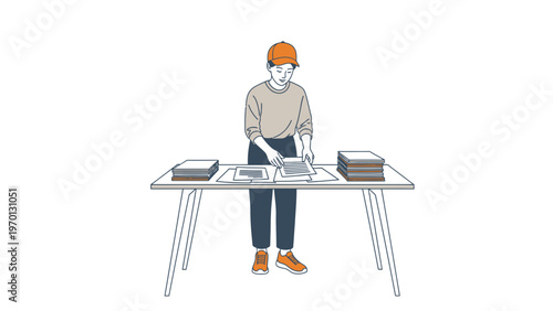 Person in orange cap organizing books and papers on a table, minimalist illustration
