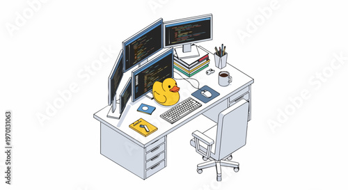 Isometric Software Developer Workspace with Multiple Monitors and Rubber Duck Debugging Illustration