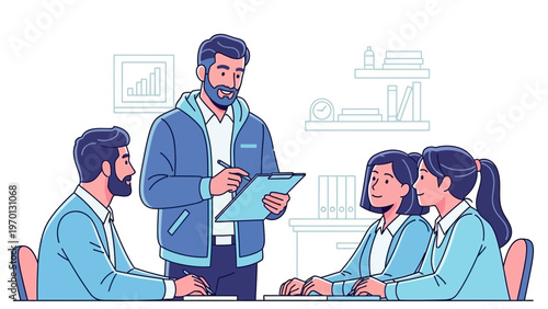 Business meeting: team collaborating with leader presenting ideas in office