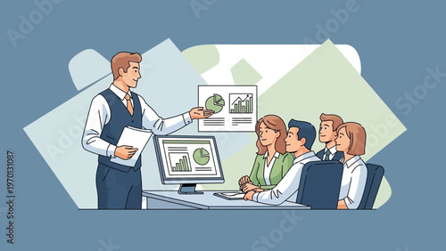 Business meeting with presentation and charts on screen, teamwork and discussion