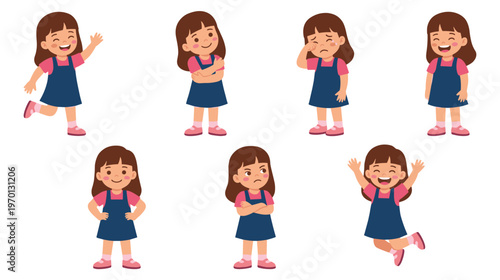 Set of cute little girl with different emotions and poses collection.